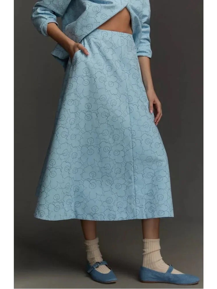 Marimekko Piirto Unikko Midi Skirt, Light Blue With Floral Stitching, Size Xs/34